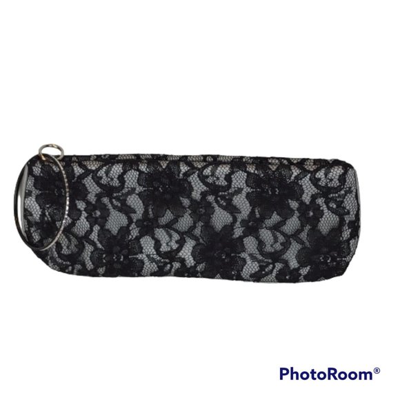 La Rue Black Floral Lace Over Silver Satin Sparkling Bangle Zip Wristlet/Clutch - Picture 1 of 14